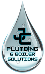Water droplet logo with &ldquo;JC Plumbing & Boiler Solutions&rdquo; text in black and blue.
