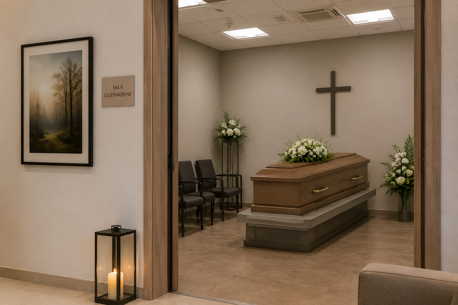 Cappella funebre vuota con una bara, fiori e una croce sul muro.