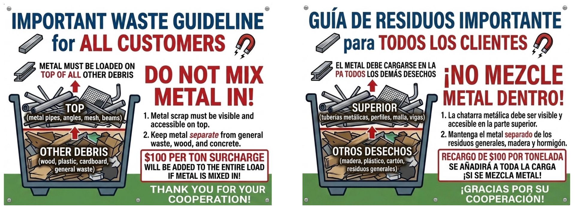 Trash bin poster: blue “important waste guideline” sign, showing accepted and banned metal items in English and Spanish.
