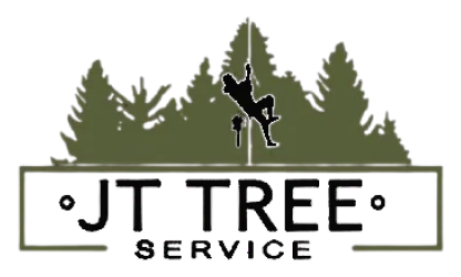 Logo for JT Tree Service: Silhouetted arborist climbing a tree, green pine trees behind, text below.