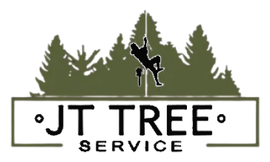 Logo for JT Tree Service: Silhouetted arborist climbing a tree, green pine trees behind, text below.