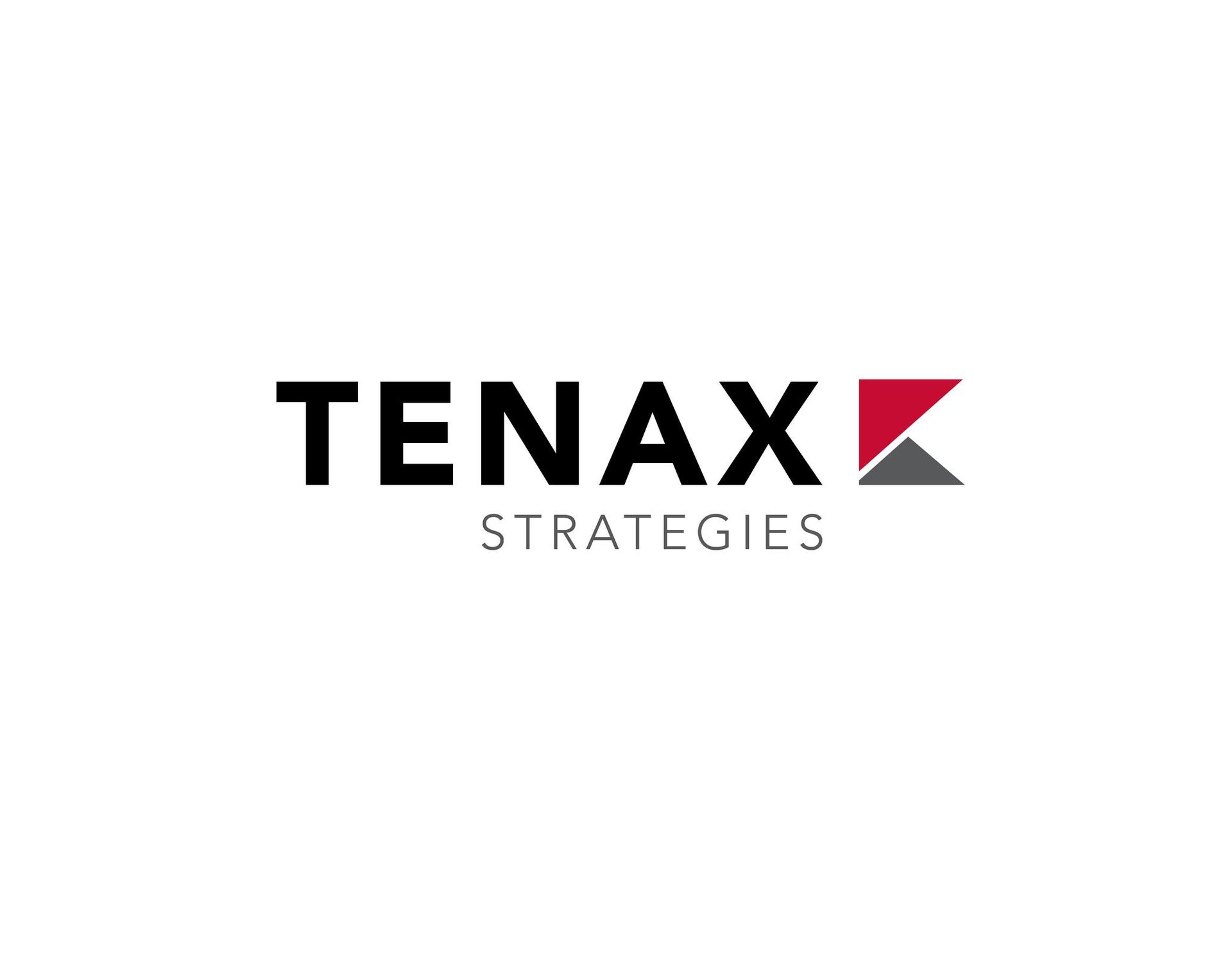 The logo for tenax strategies is black and red on a white background.