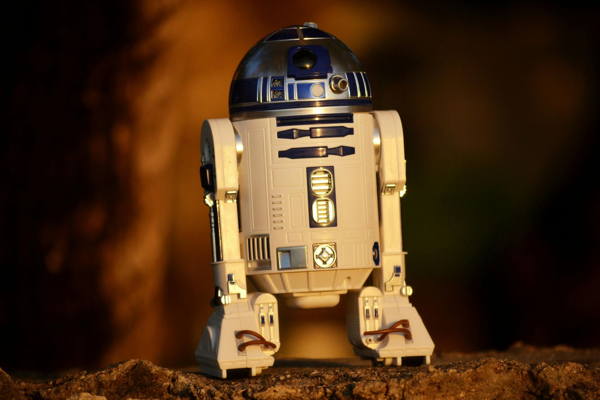 A small white and blue R2-D2 toy figure stands on a rough, rocky surface against a dark, blurred background.