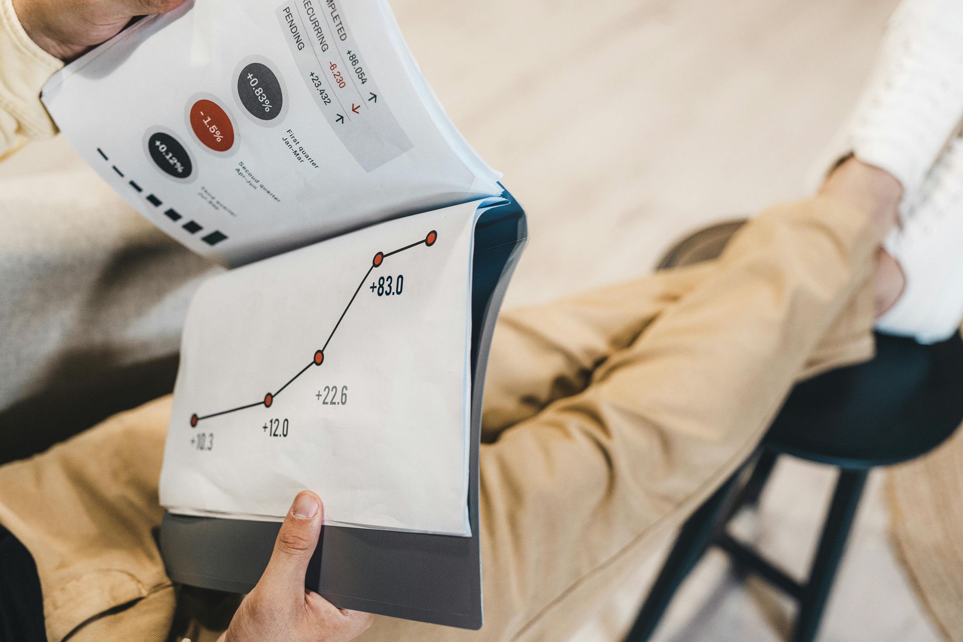 Person flipping through papers with graphs and data, possibly reviewing business results.