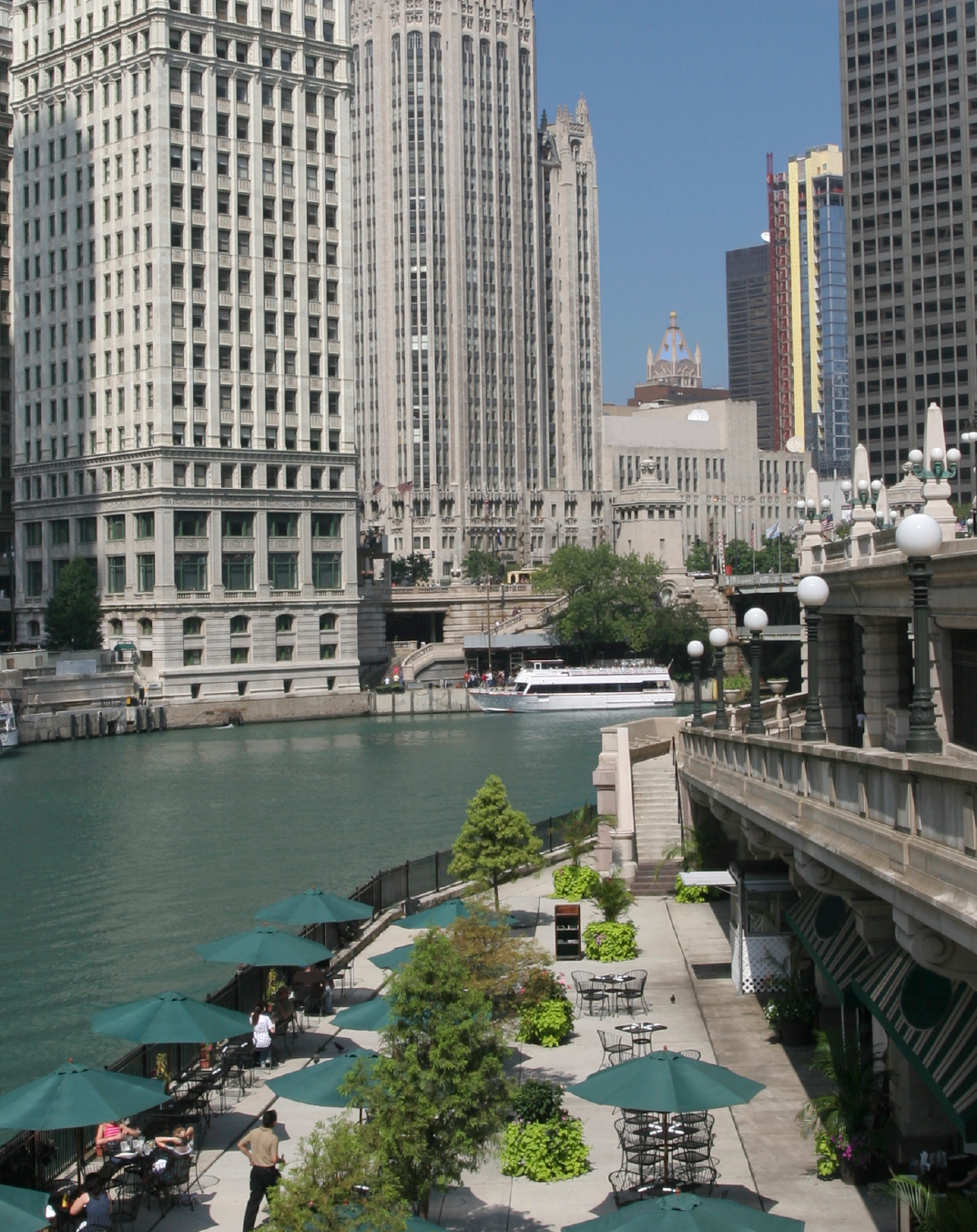 A large body of water surrounded by tall buildings
