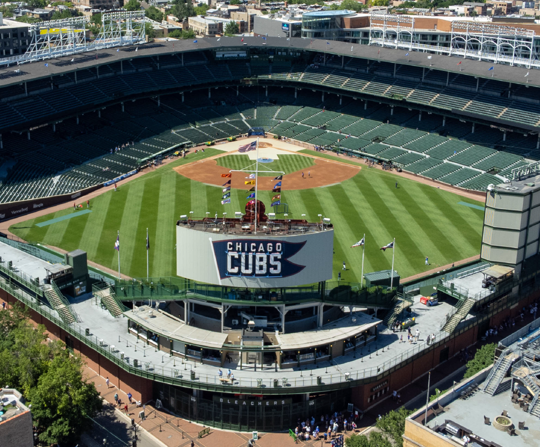 An aerial view of a chicago cubs baseball stadium