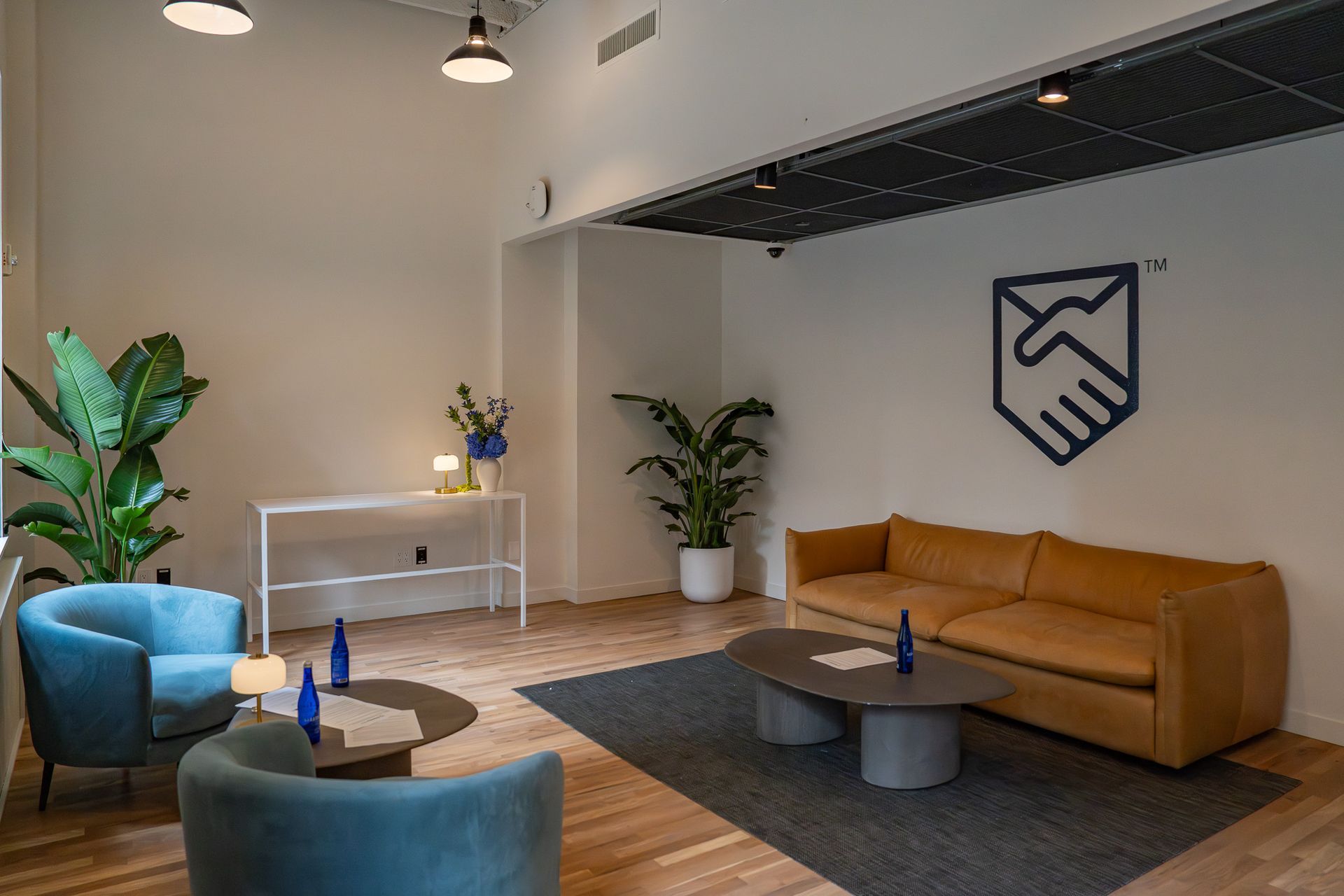 Modern office lounge with blue chairs, tan sofa, plants, and a wall logo on a rug and wood floor