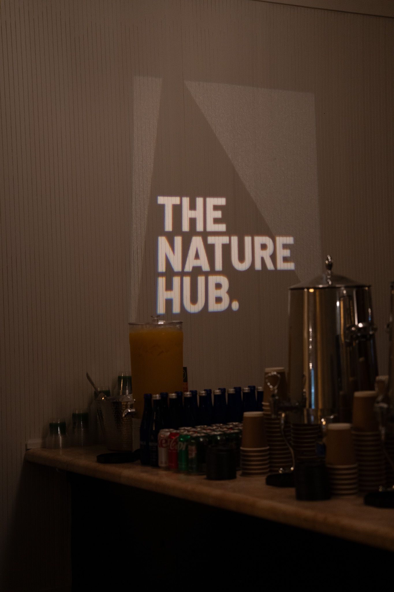 Projected “THE NATURE HUB” sign on a wall above a wooden counter with drinks and cups