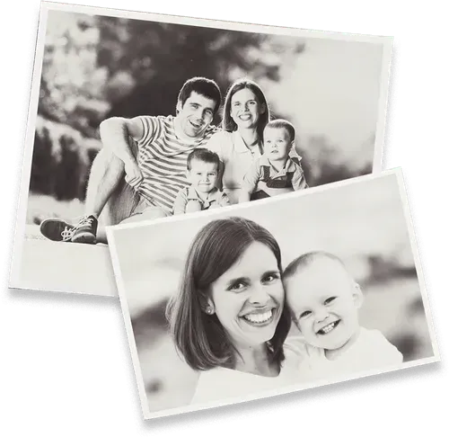 Two black-and-white photos: one showing a family of four posing outdoors, the other a close-up of an adult and a child.