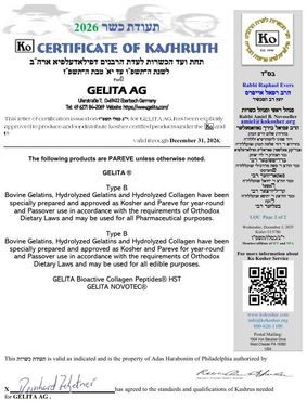 Certificate of Kashruth for GELITA AG, listing kosher products and standards.