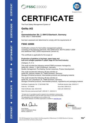 FSSC 22000 certificate of Gelita AG, a food safety management system, with official logos and information.
