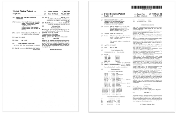 Two pages from a U.S. patent document. One page lists details; the other has a technical description.