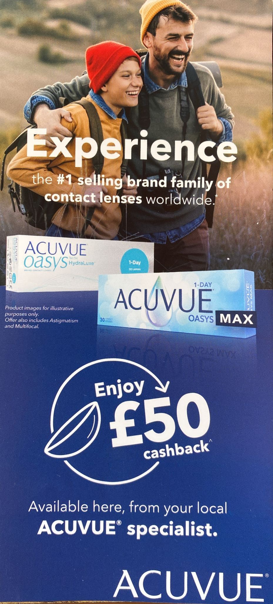 Advertisement for ACUVUE contact lenses, featuring a couple hiking and a cashback offer of £50.