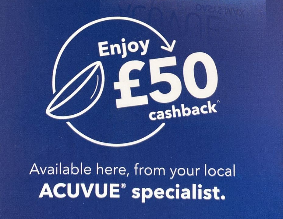 Advertisement for ACUVUE contact lenses, featuring a couple hiking and a cashback offer of £50.