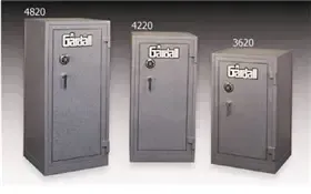 Three gray safes labeled 4820, 4220, and 3520, arranged from largest to smallest.