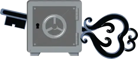 Gray safe door with black handle and swirling black wind on the right
