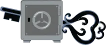 Gray safe door with black handle and swirling black wind on the right