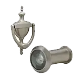Silver door knocker and matching peephole viewer on a white background