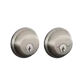 Two silver round door locks or deadbolts on a white background