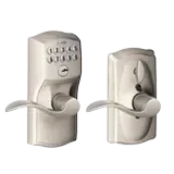 Digital door lock with keypad and lever handle, shown from front and side views