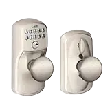 Two silver keypad door locks with round knobs, shown side by side.