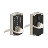 Electronic door lock with keypad and lever handle, shown open and closed states