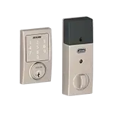 Two silver electronic door locks with keypad and turn knob, shown side by side.