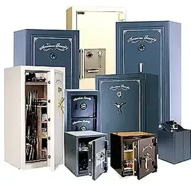Assorted blue and cream safes and gun cabinets, several open to show interiors and storage compartments