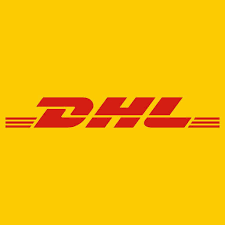 Il logo dhl è su sfondo giallo.