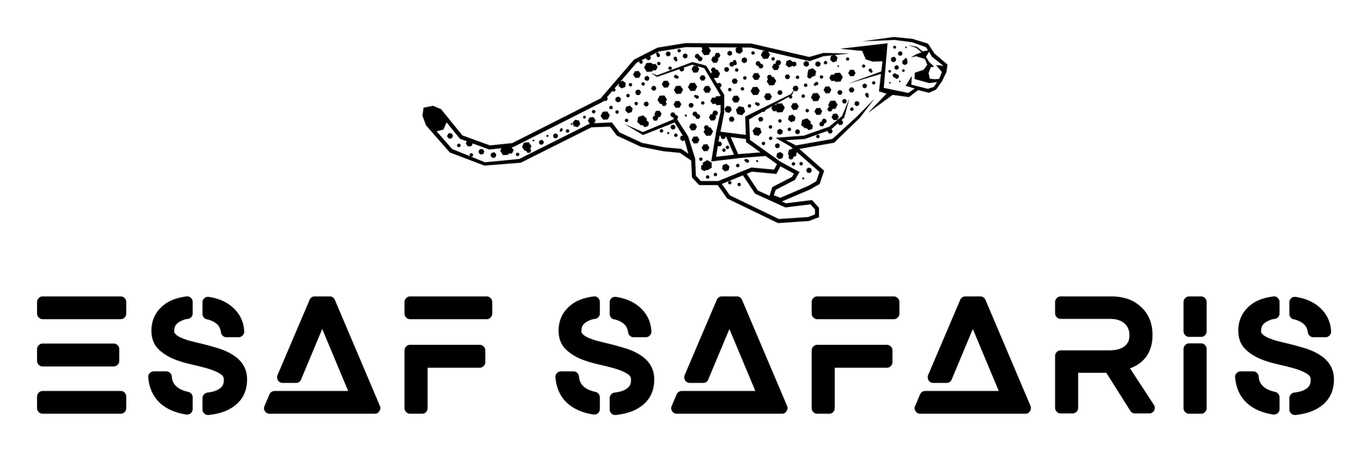 A black logo featuring a running cheetah above the stencil-style text