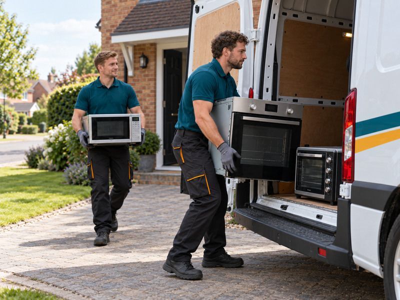 Microwave and mini oven loaded into the van for disposal