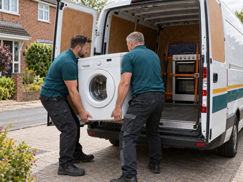 Washing machine being loaded into the van