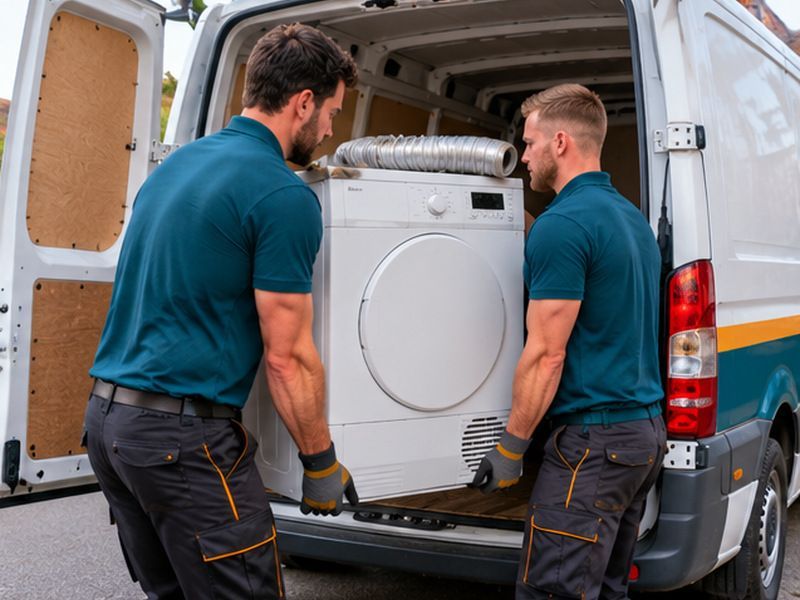 Tumble dryer being loaded into the van