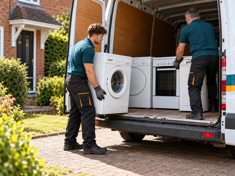 Several old kitchen appliances loaded into the van