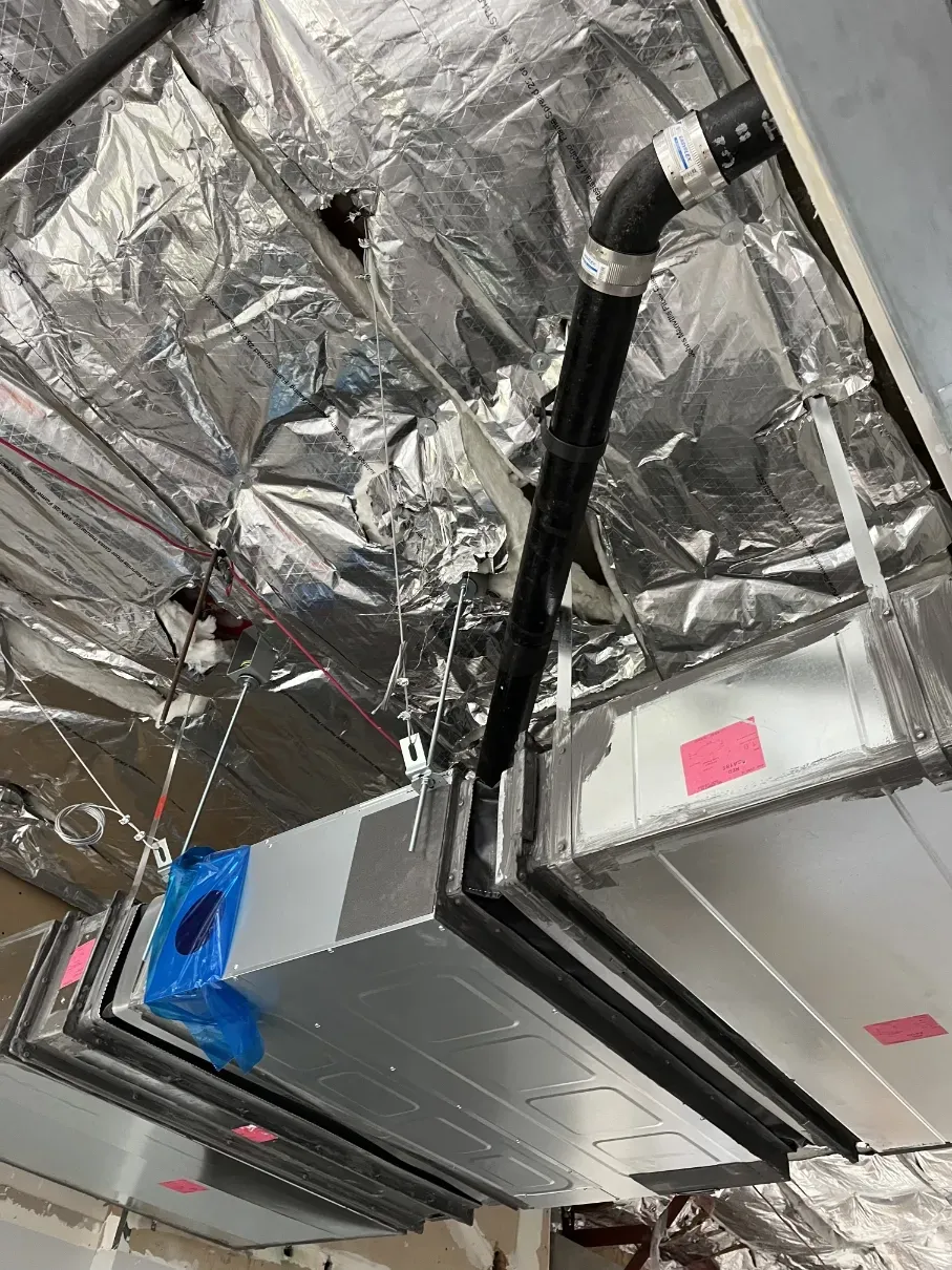Silver insulated ductwork with black pipes in a ceiling mechanical space