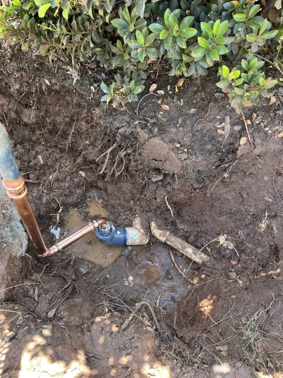 Damaged outdoor water pipe with a leak in muddy soil near low shrubs