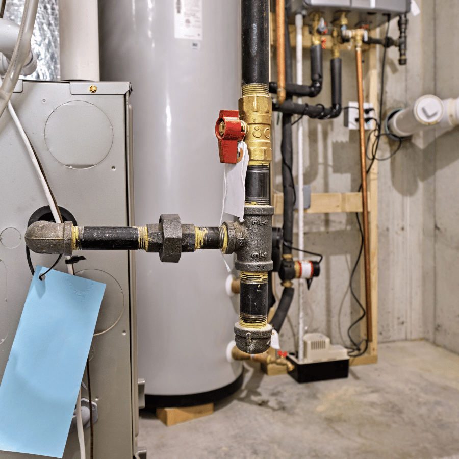 Basement utility room with a water heater, pipes, and a red valve. A blue tag hangs from a pipe. Concrete floor and walls.