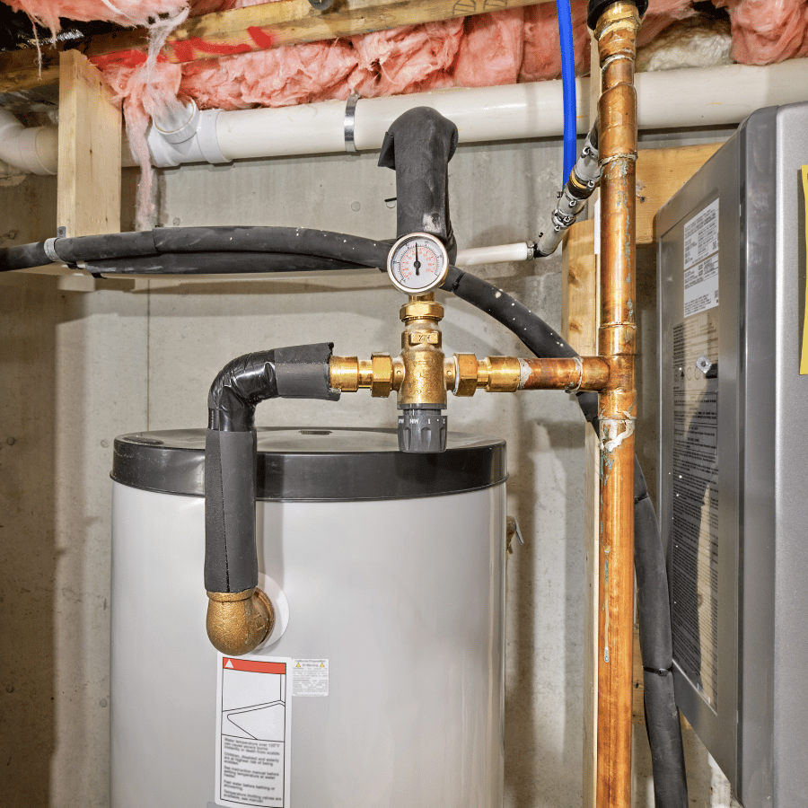 Basement water heater with copper pipes, insulation, and pressure gauge, surrounded by pink insulation and concrete walls.