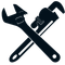 Crossed wrench and pipe wrench icon in black silhouette