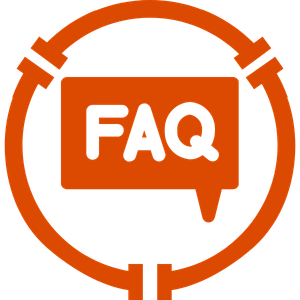 Orange FAQ speech bubble icon inside a circular arrow outline.