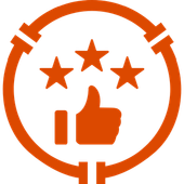 Orange thumbs-up icon with three stars inside a circular badge