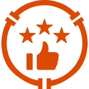 Orange thumbs-up icon with three stars inside a circular badge