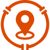 Orange location pin inside a circular target icon on a white background
