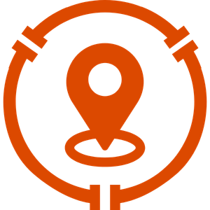 Orange location pin inside a circular target icon on a white background
