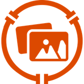 Orange circular icon with stacked photo cards and a mountain-and-sun image symbol inside.