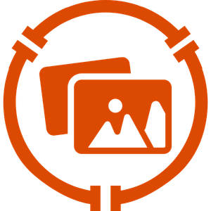 Orange circular icon with stacked photo cards and a mountain-and-sun image symbol inside.