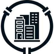 Black building icon inside a circular frame, representing urban or real estate services