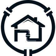 Black house with pipes inside a circular outline, suggesting home plumbing or HVAC system icon