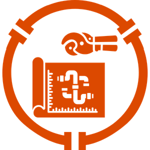 Orange industrial safety icon with a person inspecting a blueprint inside a circular border