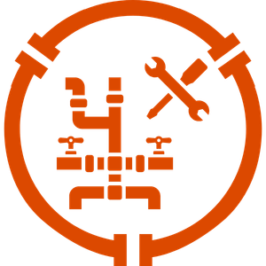 Orange plumber repair icon with wrench and pipes inside a circular border